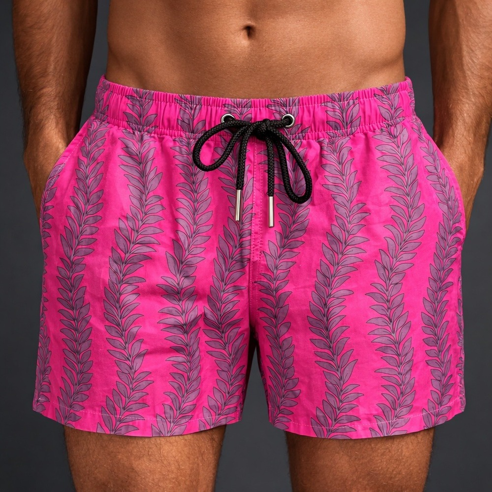 Yuasa Tropical Leaf Swim Trunks | Size L | Pink Purple‎ Mesh Lined